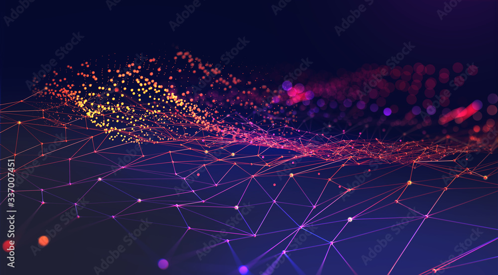 Poster Neural network 3D illustration. Abstract Big data concept. Global database and artificial intelligence. Bright, colorful background with bokeh effect