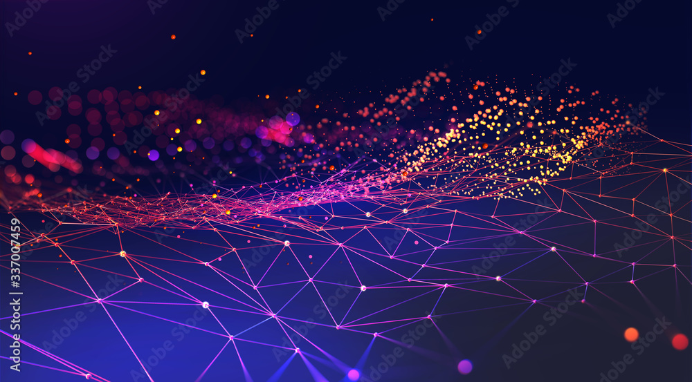 Fototapete Neural network 3D illustration. Abstract Big data concept. Global database and artificial intelligence. Bright, colorful background with bokeh effect