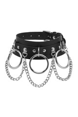 Subject shot of a black leather choker with steel rivets, chrome-plated rings, D-rings and chains. The stylish accessory is isolated on the white background. 