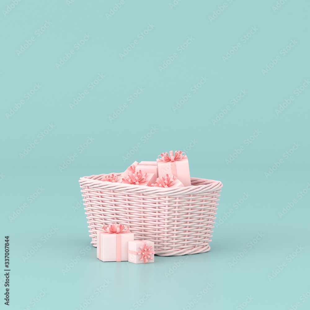 Aufkleber minimal conceptual idea of present boxes in the weave basket on pastel background. 3d rendering.