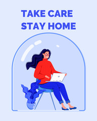 A woman works on a laptop under a glass cover that protects her from the virus. Vector. Flat cartoon design.