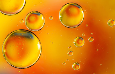 Orange oil drops in water. Bubbles of different sizes on orange abstract background
