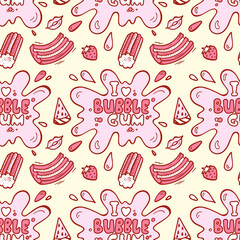 Sweets. Strawberry and Watermelon Bubble Gum Seamless pattern. Hand Drawn Doodle Chewing Gums. I love bubble gum. Vector illustration
