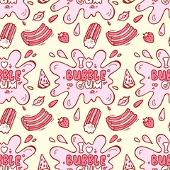 Fotobehang Sweets. Strawberry and Watermelon Bubble Gum Seamless pattern. Hand Drawn Doodle Chewing Gums. I love bubble gum. Vector illustration  © AllNikArt