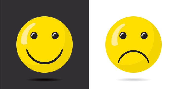Optimistic Versus Pessimistic Creative Concept with Happy Smiling and Unhappy Sad Faces over Negative and Positive Backgrounds Consequently - Yellow on Black and White - Flat Graphic Design