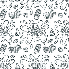Sweets. Strawberry and Watermelon Bubble Gum Seamless pattern. Hand Drawn Doodle Chewing Gums. I love bubble gum. Black and White Vector illustration
