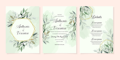 wedding invitation card set with green leaves watercolor