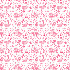 Sweets. Strawberry and Watermelon Bubble Gum Seamless pattern. Hand Drawn Doodle Chewing Gums. I love bubble gum. Pink Vector illustration
