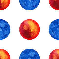 Pattern watercolor circles of red-yellow and blue. Watercolor hand drawing