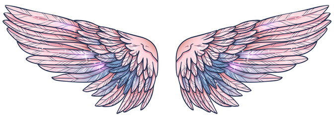 Beautiful heavenly angelic magic glowing glittery pink blue vector wings