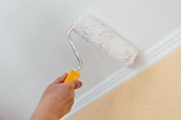 Paint roller with a brush paints the shelves and walls pours and flows with white paint