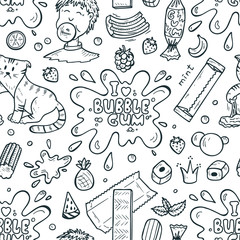Bubble Gum Seamless pattern. Hand Drawn Doodle Chewing Gums. I love bubble gum. Sweets.Black and White Vector illustration
