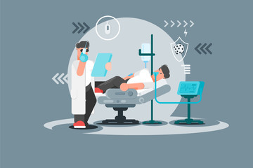 Patient on mechanical ventilation. Doctor administers the vaccine to the patient. Man is on a dropper. - Vector