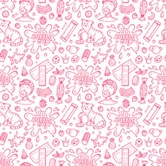 Bubble Gum Seamless pattern. Hand Drawn Doodle Chewing Gums. I love bubble gum. Sweets.Pink Vector illustration
