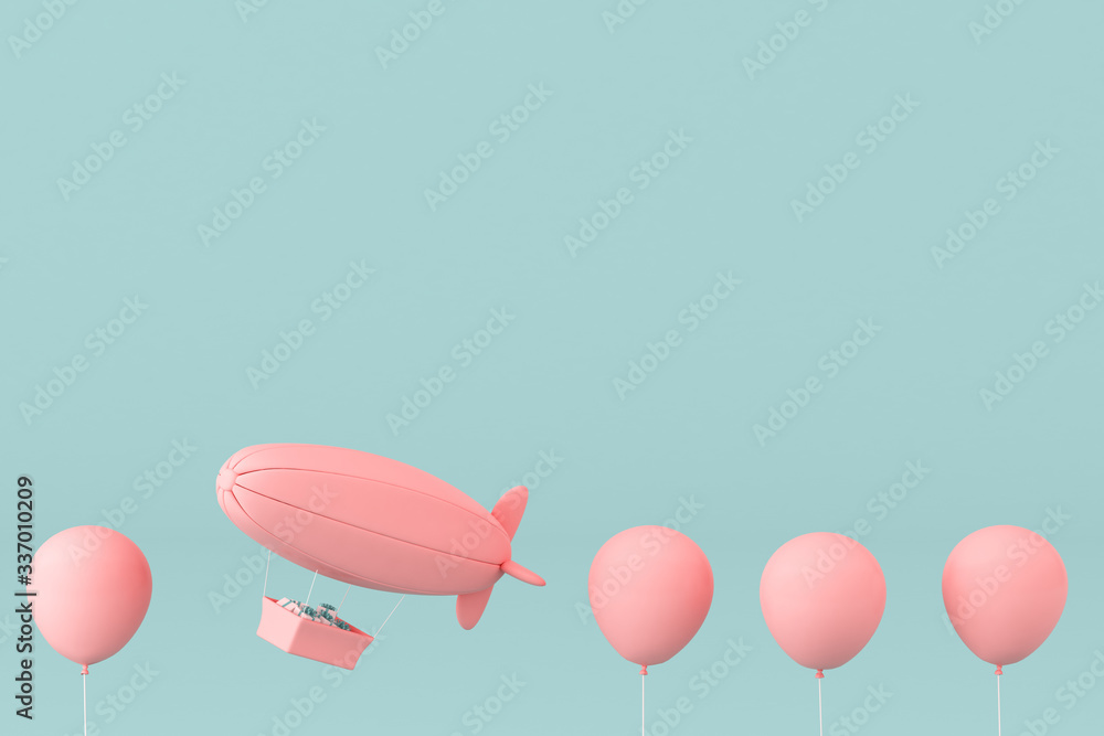 Aufkleber minimal concept of balloons and airship with present in the basket on pastel background. 3d renderin