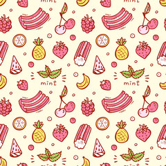 Sweets. Bubble Gum, Fruits, Berries Seamless pattern. Hand Drawn Doodle Chewing Gums. Vector illustration
