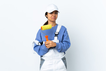 Painter woman over isolated white background making time out gesture