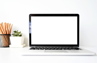 blank screen Modern laptop computer with mouse,Smart phone and Succulent on wood table in office view backgrounds