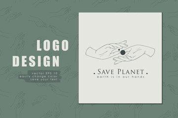 Logo female hands gently hold the planet. Ecology, environmental conservation.