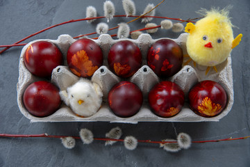 Easter painted eggs and toy chickens in cardboard packaging and willow branches on a gray background.