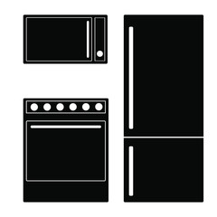 Refrigerator, microwave, oven- a set of icons of large-sized appliances for the kitchen, isolated on a white background. Vector stock illustration.