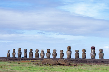 Moai statues side lit on easter island, rapa nui