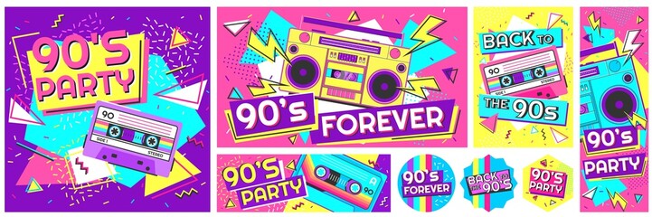 Retro 90s music party poster. Back to the 90s, nineties forever banner and retro funky pop radio badge vector illustration set. Music cassette 90s, trendy sound flyer - obrazy, fototapety, plakaty