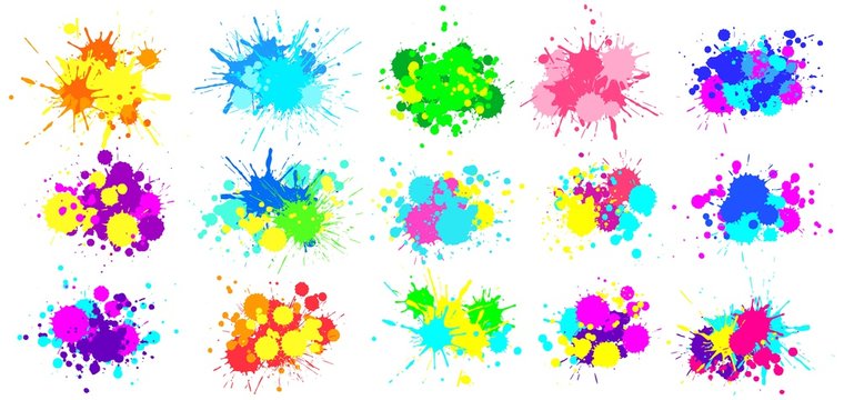Color splatter. Colorful paint splash, bright painted drip drops and abstract colors splashes vector graphic set. Illustration drop splatter paint, stain splash dirty, colorful splat