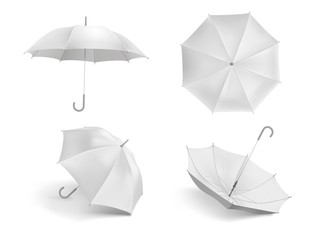 Realistic white umbrella mockup. Blank open fabric parasol, outdoor weather waterproof umbrellas vector template set. Closeup realistic parasol, mock-up umbrella illustration - obrazy, fototapety, plakaty