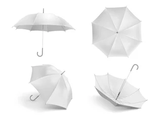 Fotobehang Realistic white umbrella mockup. Blank open fabric parasol, outdoor weather waterproof umbrellas vector template set. Closeup realistic parasol, mock-up umbrella illustration © Tartila