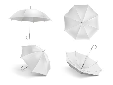 Realistic White Umbrella Mockup. Blank Open Fabric Parasol, Outdoor Weather Waterproof Umbrellas Vector Template Set. Closeup Realistic Parasol, Mock-up Umbrella Illustration