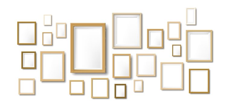 Wooden photo frames composition mockup. Light wood picture frame, hanging moodboard photos grid and art wall vector illustration template. Photo frame or painting, exhibition template