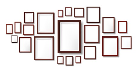Dark wooden frames composition mockup. Photo frame hanging on wall, pictures grid and wood borders vector illustration template. Frame exhibition photo, framework empty on wall