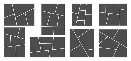 Pictures or photos frame collage. Comics page grid layout, abstract photo frames and digital photo wall vector template set. Montage frame photography, mockup card photograph illustration