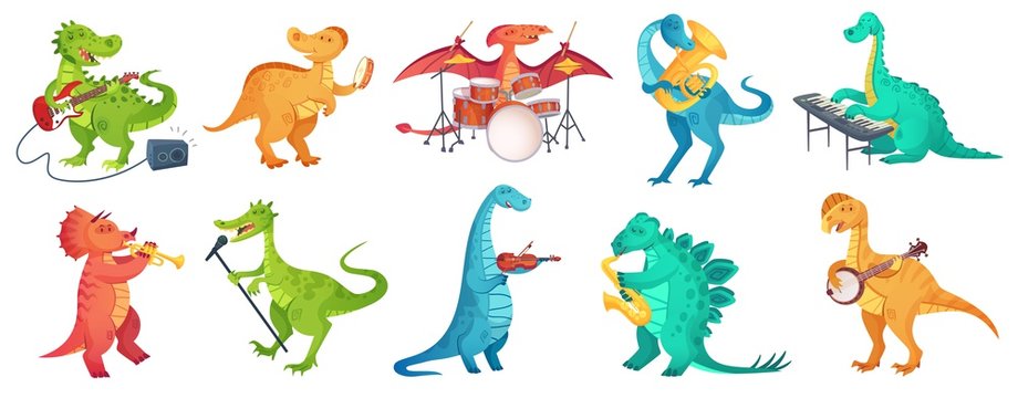 Dinosaur play music. Tyrannosaurus rockstar play guitar, dino drummer and cartoon dinosaurs musicians vector illustration set. Dinosaur tyrannosaurus musician, character with guitar