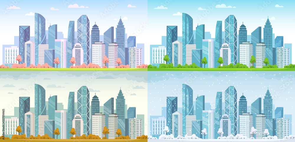 Wall mural urban city seasons. spring town, summer, autumn urban panorama and cold winter cityscape vector back