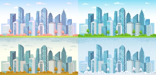 Urban city seasons. Spring town, summer, autumn urban panorama and cold winter cityscape vector background illustration set. City urban spring season, outdoor landscape summer