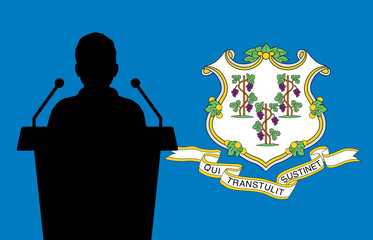 Connecticut USA Flag Background Man Speaks. Business Man Presentation Conference Concept.