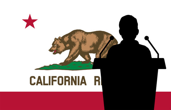 California USA Flag Background Man Speaks. Business Man Presentation Conference Concept.