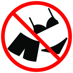 No swimsuit sign. Prohibition of swimsuit, shorts in this place and crossed-out in a red circle. Vector stock illustration.