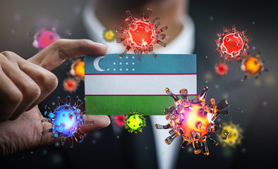 Corona Virus Around Uzbekistan Flag. Concept Pandemic Outbreak in Country