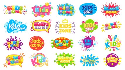 Fototapeta na wymiar Kids zone badges. Kid play room label, colorful game area banner and funny badge vector set. Play zone area for child, children room emblem illustration