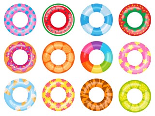 Rubber swimming ring. Pink lifesaver, summer swimming pool floating rings. Rainbow rescue ring top view cartoon vector illustration set. Ring rubber equipment, lifesaver for pool or sea