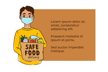 Safe contactless food delivery service concept, boy courier in mask holding paper package with grocery to door after online order, meal delivery in case of epidemic situation to safe those stay home