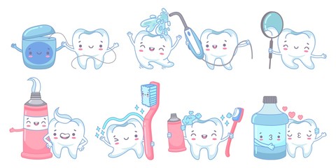 Cartoon dental care. Teeth cleaning with toothpaste and toothbrush. Dental water jet, floss and mouth rinse with tooth mascot vector illustration set. Rinse mouth, health teeth, paste and toothbrush