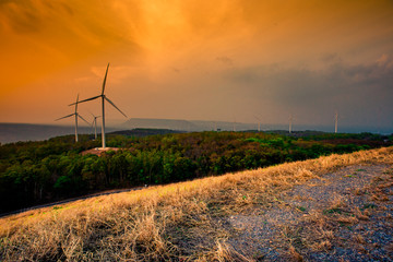 Obraz premium Natural blurred natural background, high angle viewpoint area, overlooking trees and mountains and large windmills,abundance of forests