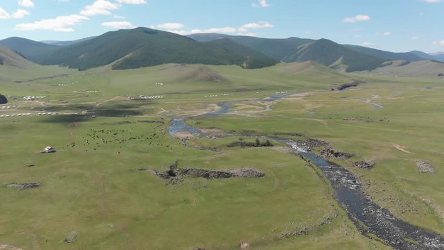 Aerial zoom out on Orkhon valley, near the old capital Karakorum, Mongolia