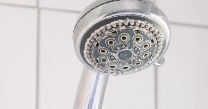 Tap water dripping out of used shower head full of calcium limestone hard water deposits