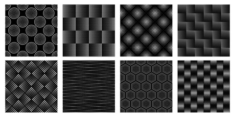 Seamless halftone geometric pattern. Dotted textrure, abstract circle shapes and elegant circles patterns vector set