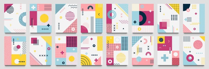 Abstract neo memphis background. Modern geo grid poster template with 1980 lines texture and dotted pop pattern vector set. Illustration line and texture, dotted abstract background modern